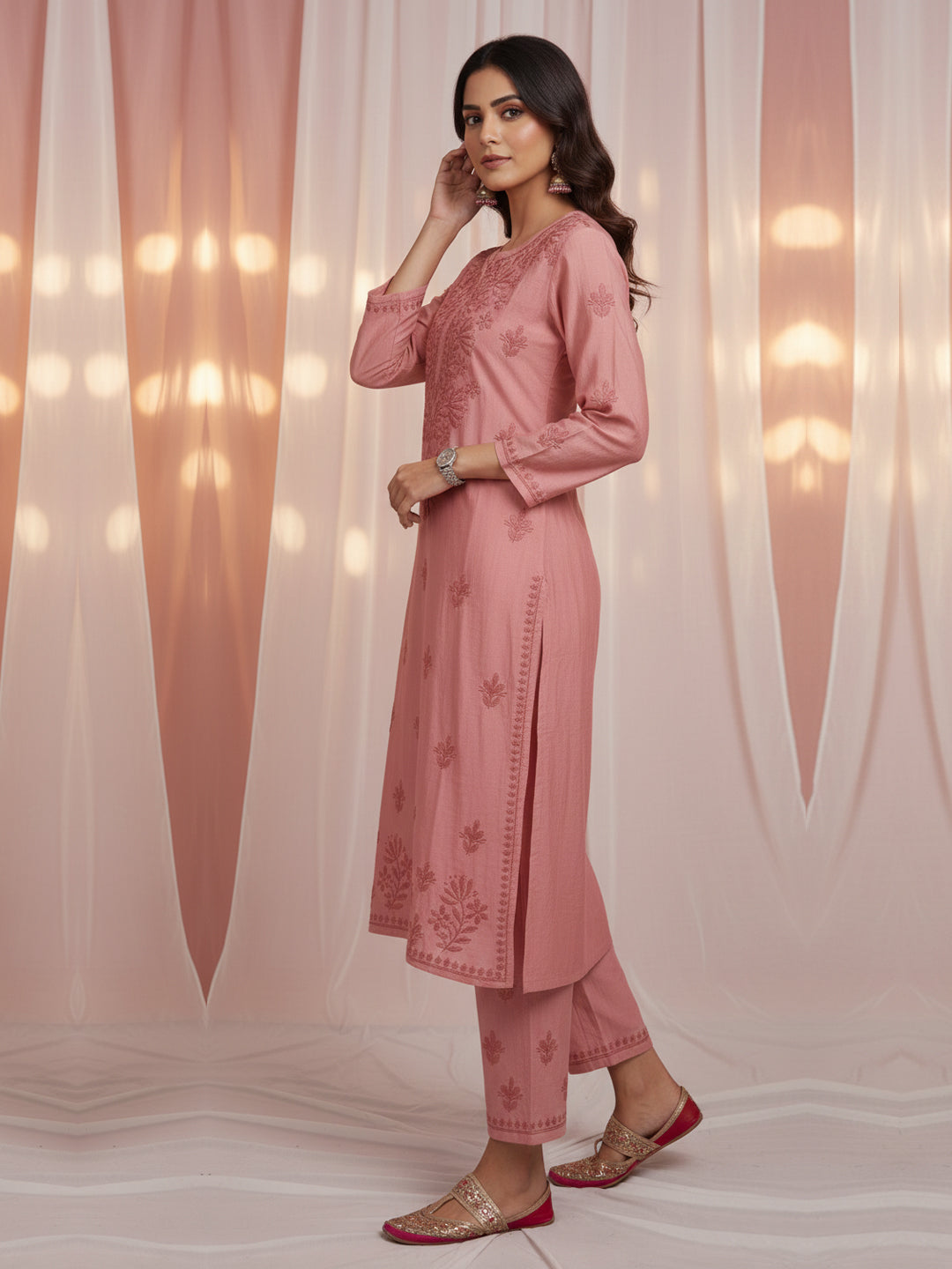 Women Hand Embroidered Chikankari Chanderi Kurta Set-AL4106KS Rust