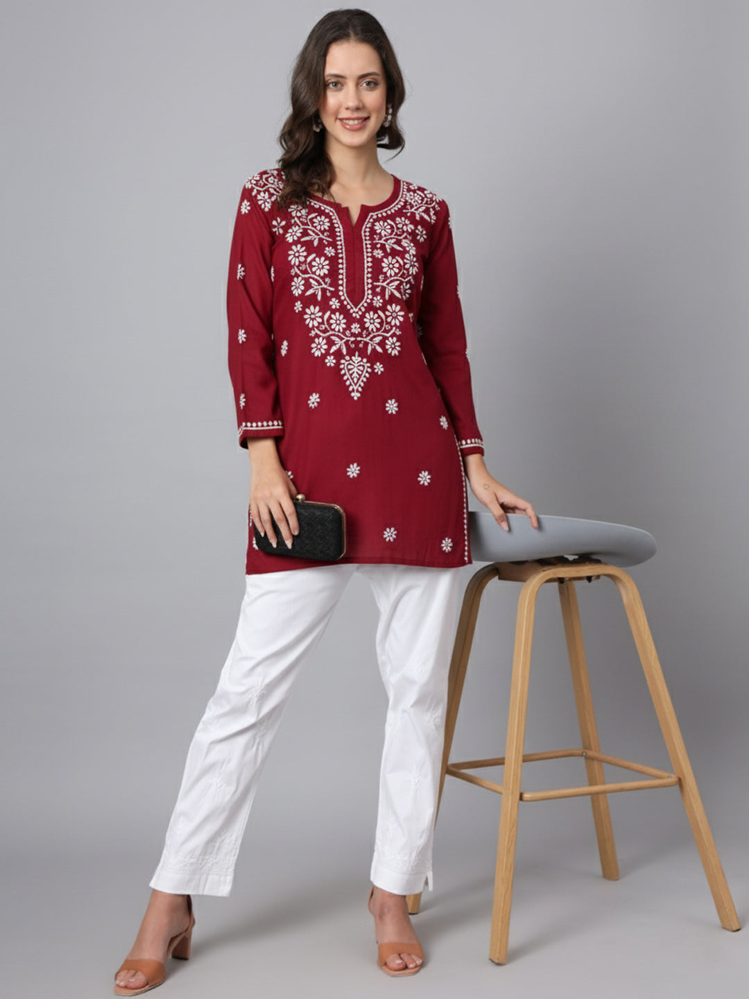 Women Hand Embroidered Modal Chikankari Kurti-AL3611 Maroon