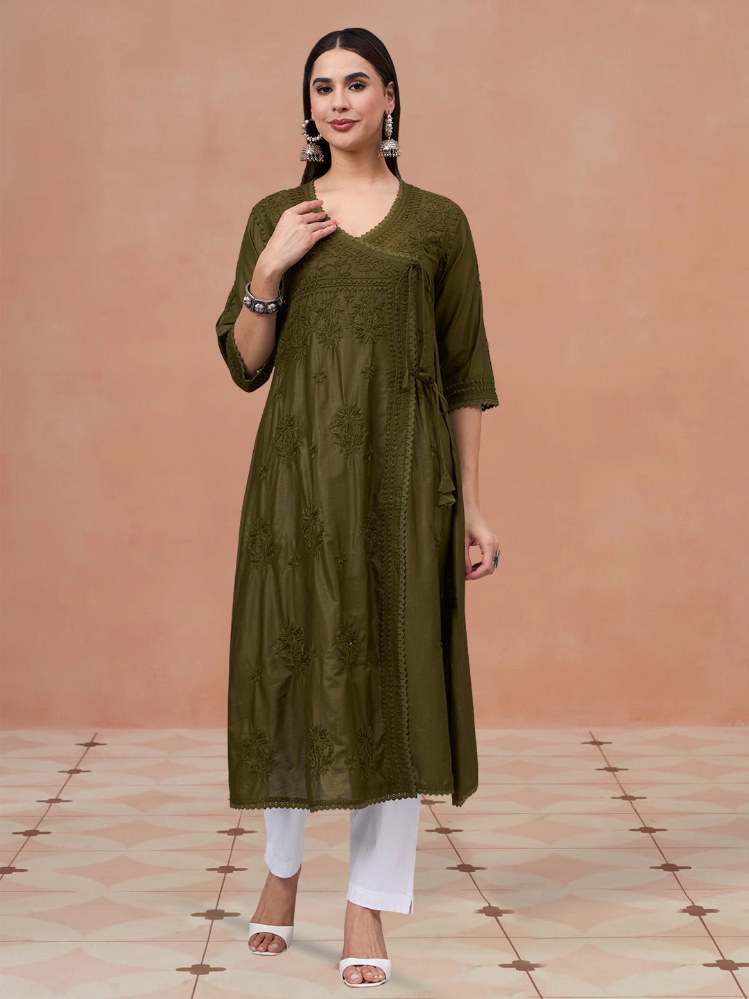 Women chikankari hand Embroidered Chanderi Angrakha kurta-AL3667 Olive