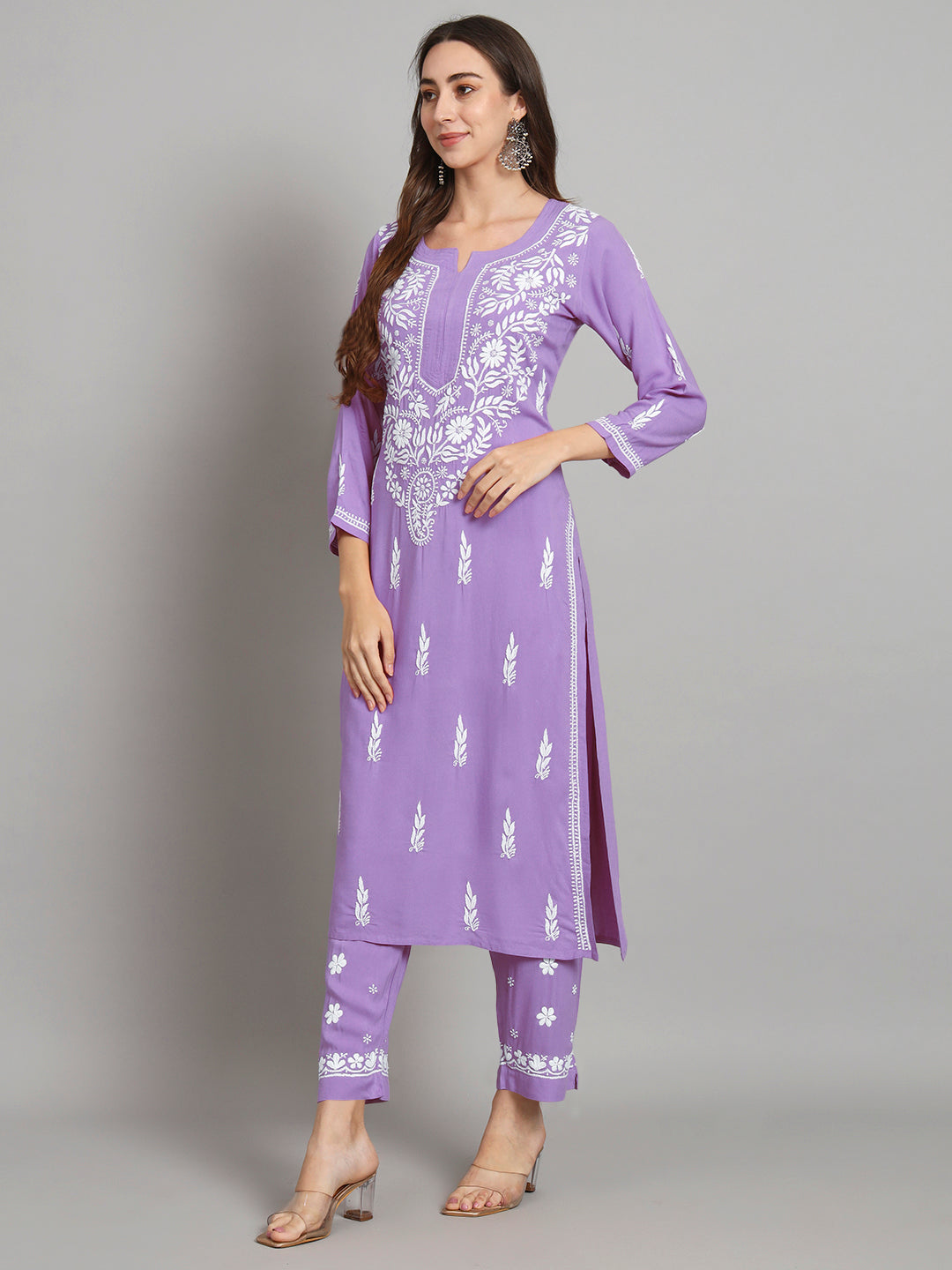 Women Hand Embroidered Chikankari Rayon Kurta set-AL3451KS Mauve
