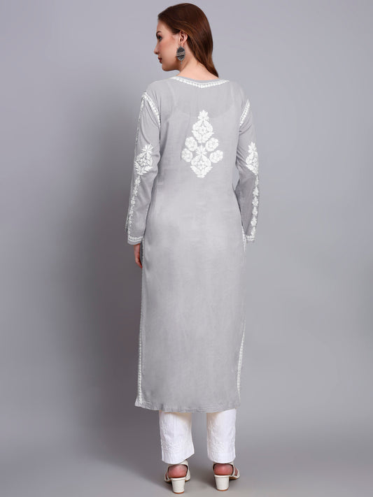 Women Hand Embroidered Chikankari Mulmul Kurti -AL3723 Grey