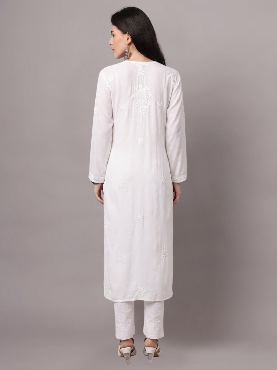 Women Hand Embroidered Modal Chikankari Kurta-AL4059 White