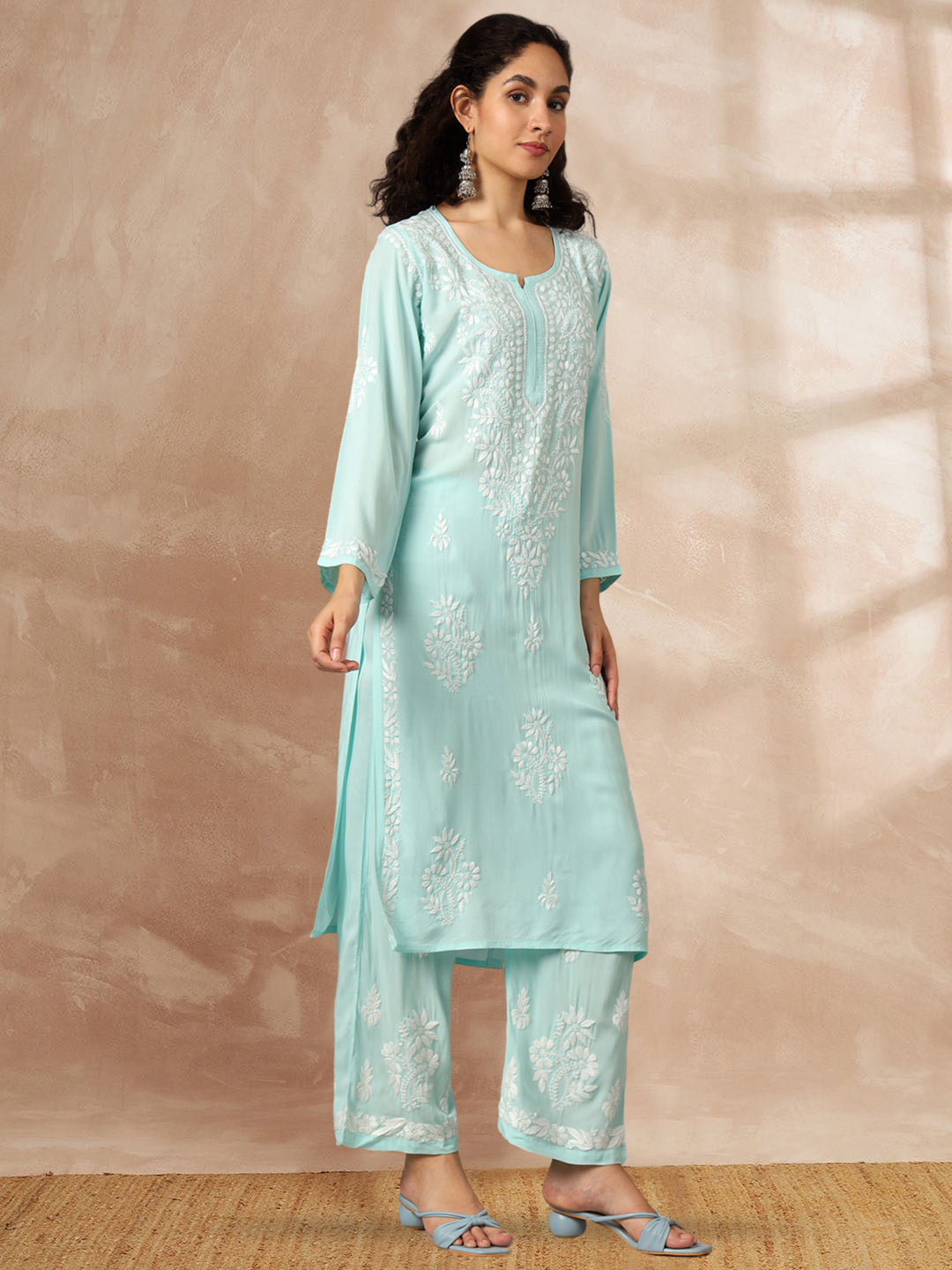Women Hand Embroidered Chikankari Modal Kurta Set-AL3600KS Seagreen
