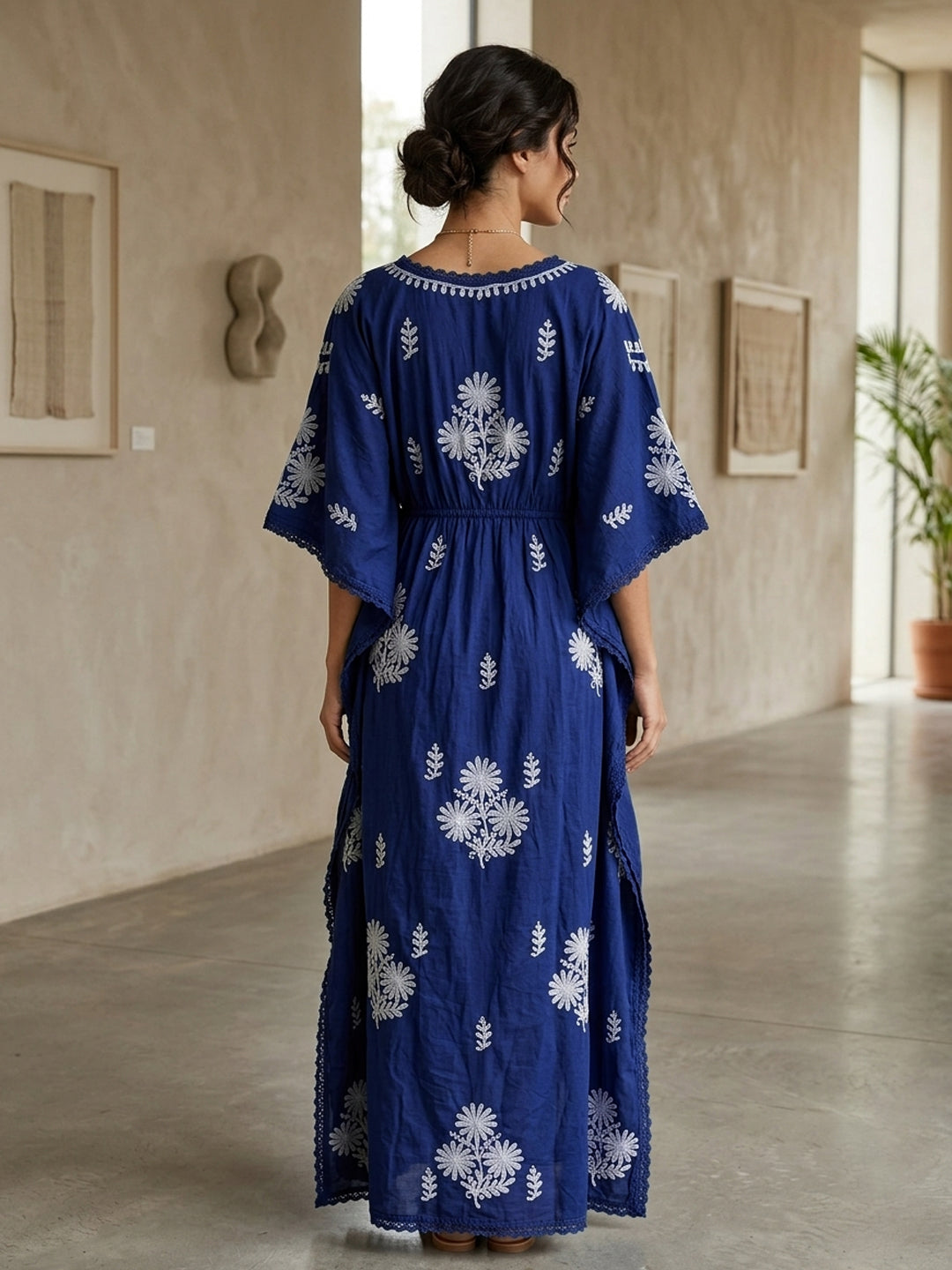 Hand Embroidered Chikankari Cotton Kaftan-AL2480 Navyblue