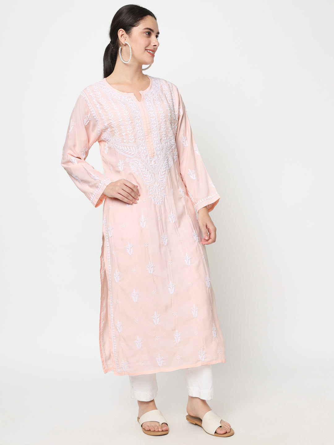 Women Hand Embroidered Chikankari Modal Kurta-AL3584 Peach