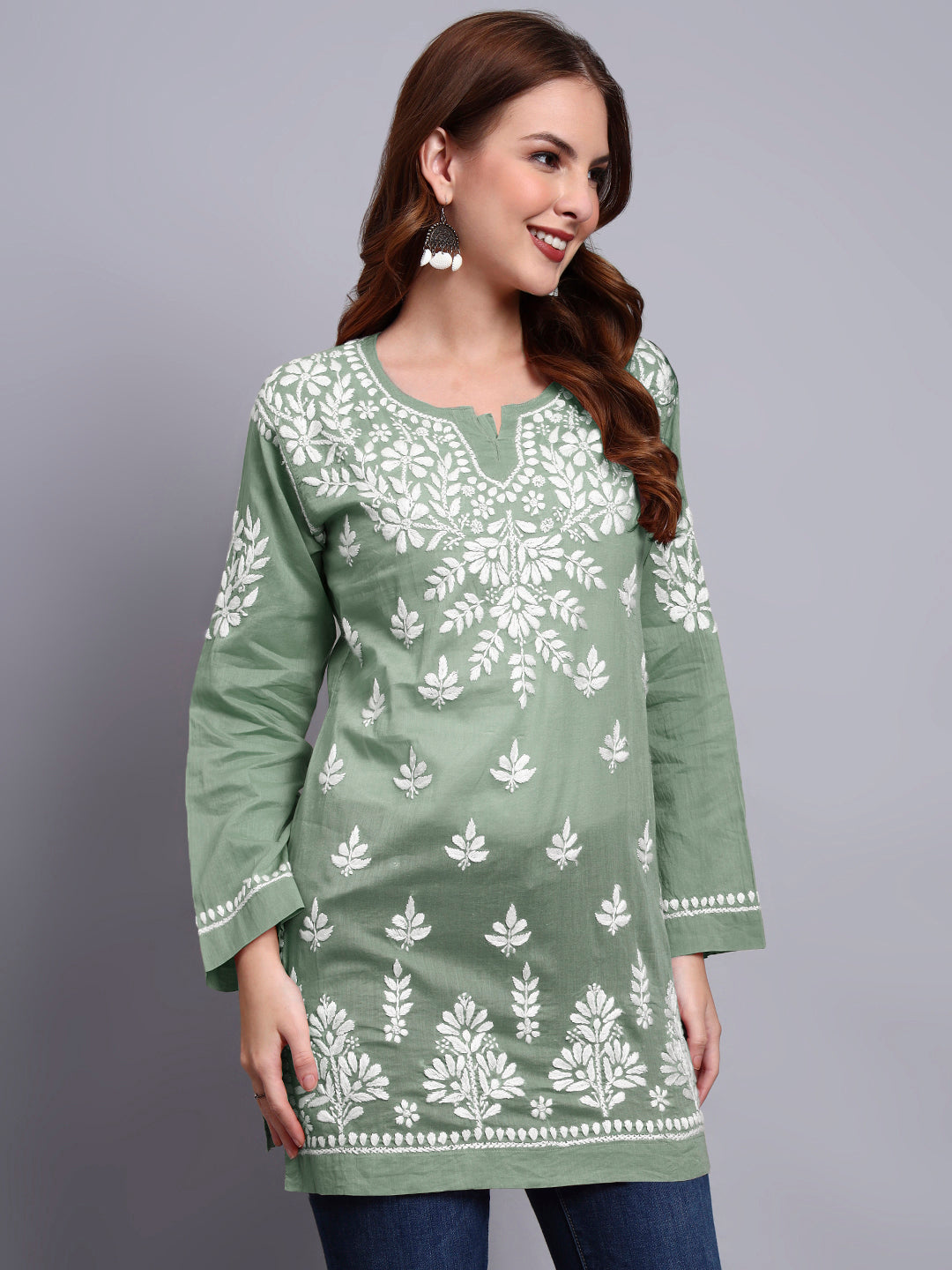 Women Hand Embroidered Chikankari Mulmul Short Top -AL3724 Green