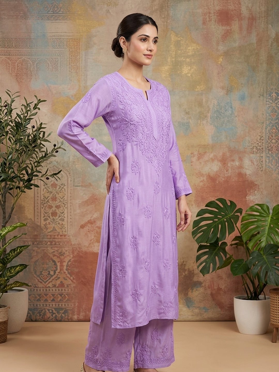 Women Hand Embroidered Chikankari Muslin Kurta Set-AL4118KS Mauve