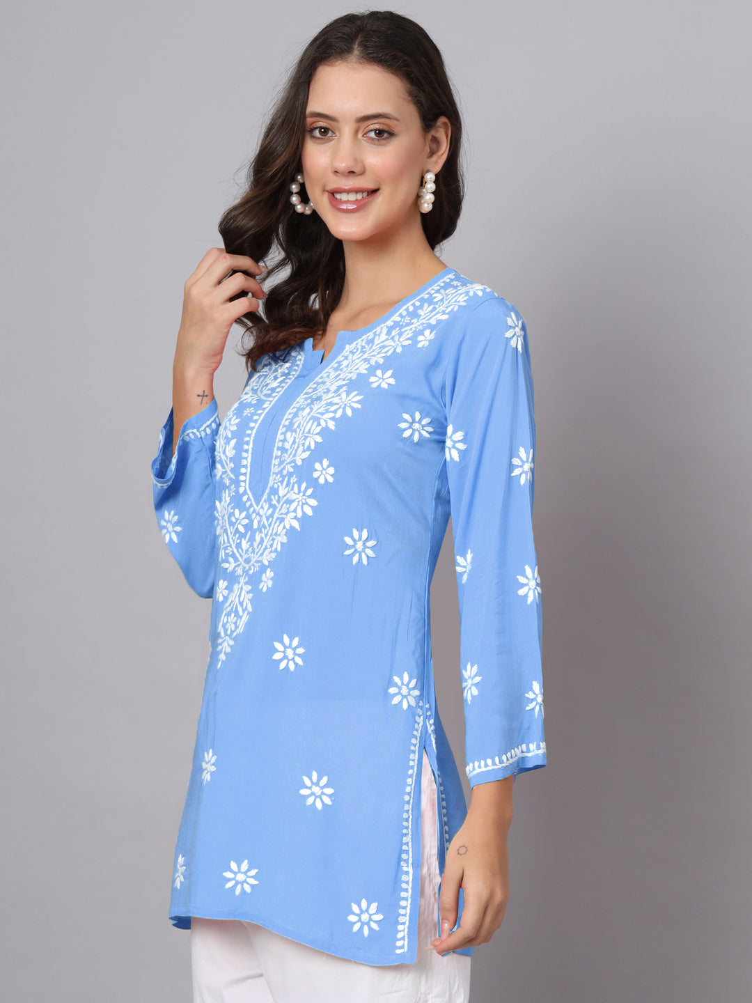 Women Hand Embroidered Modal Chikankari Kurti-AL3611 Powder Blue