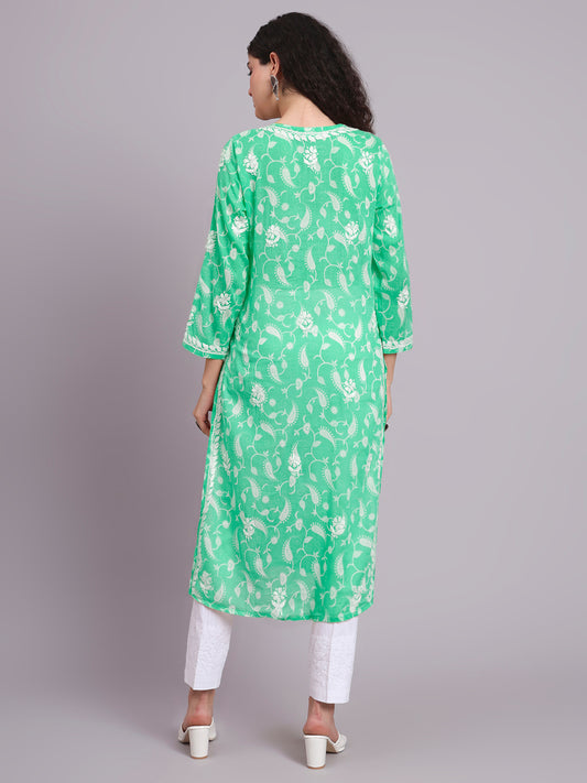 Women Hand Embroidered Chikankari Mul Printed Cotton Kurta-AL4072 Sea Green