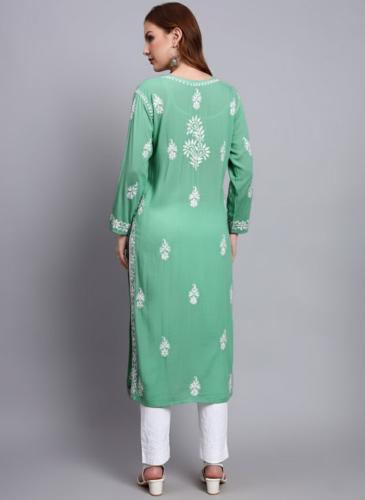 Women Hand Embroidered Chikankari Modal Straight Kurta-AL4042 Mint