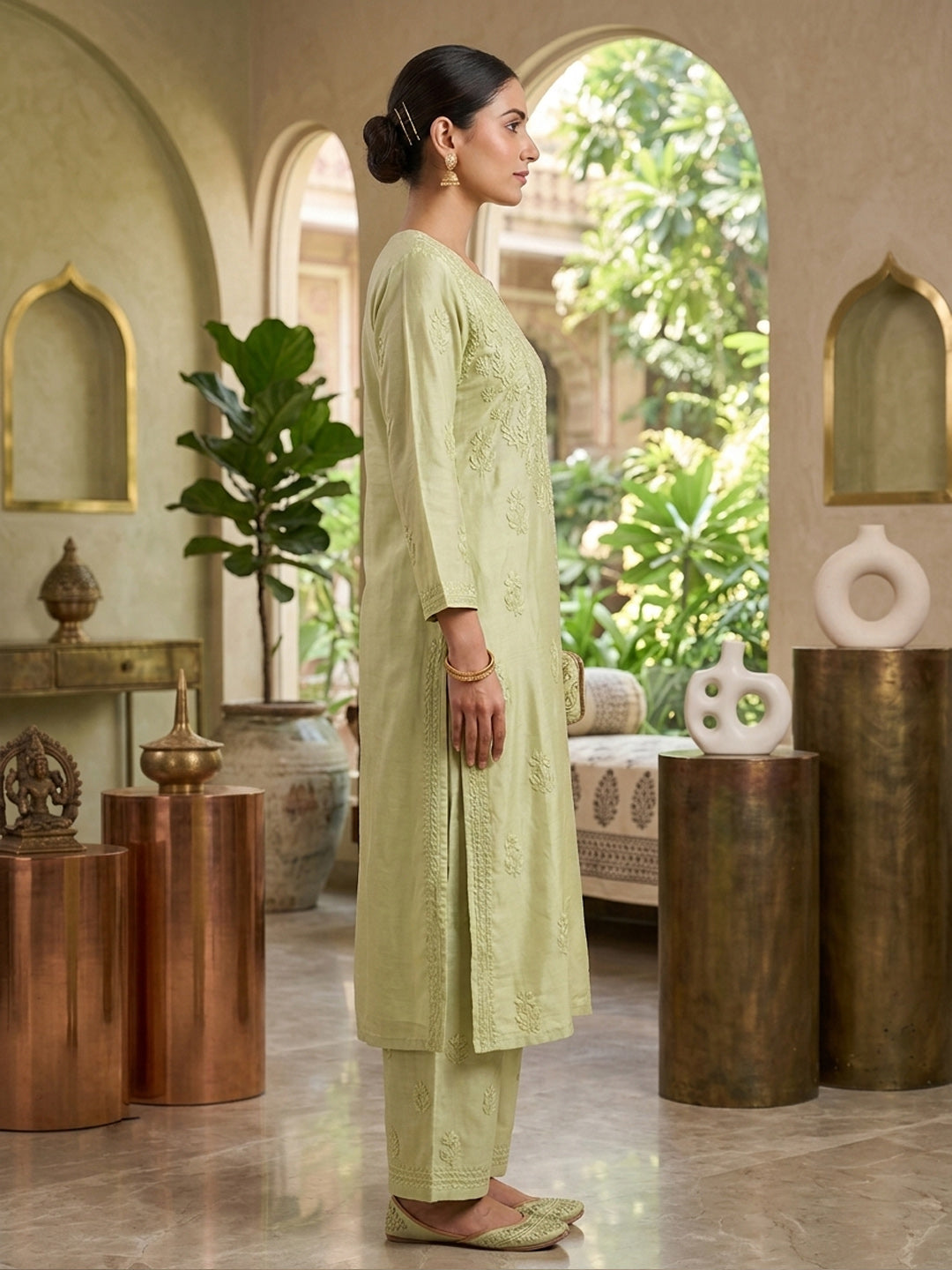 Women Hand Embroidered Chikankari Muslin Kurta Set-AL4118KS Olive