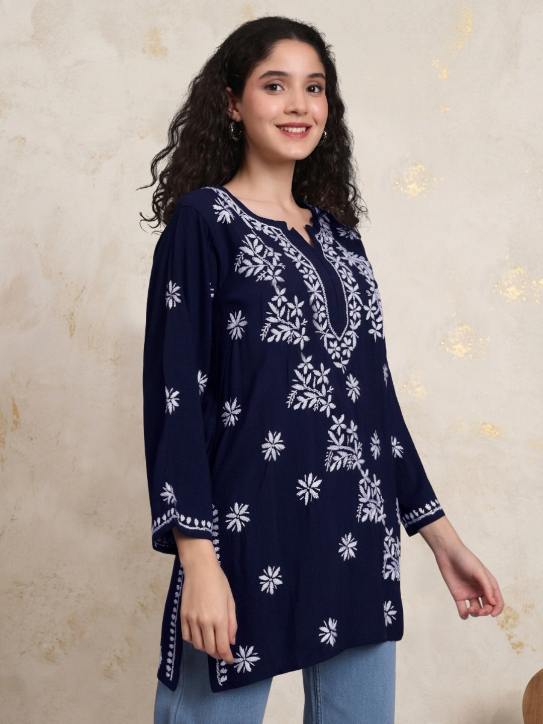 Women Chikankari Hand Embroidered Rayon Kurti -AL4071 Darknavy