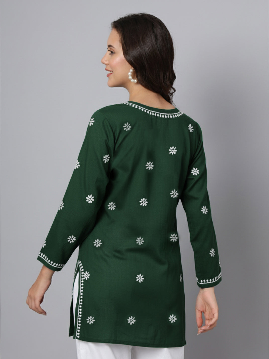 Women Hand Embroidered Modal Chikankari Kurti-AL3611 Bottle Green