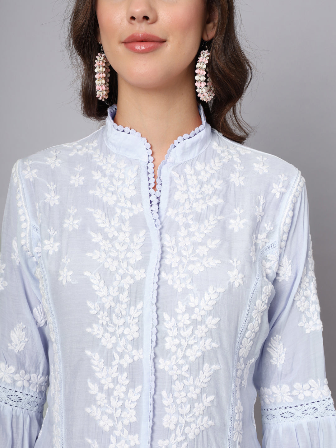 Women Hand Embroidered Chikankari Muslin Kurta-AL3888 Blue