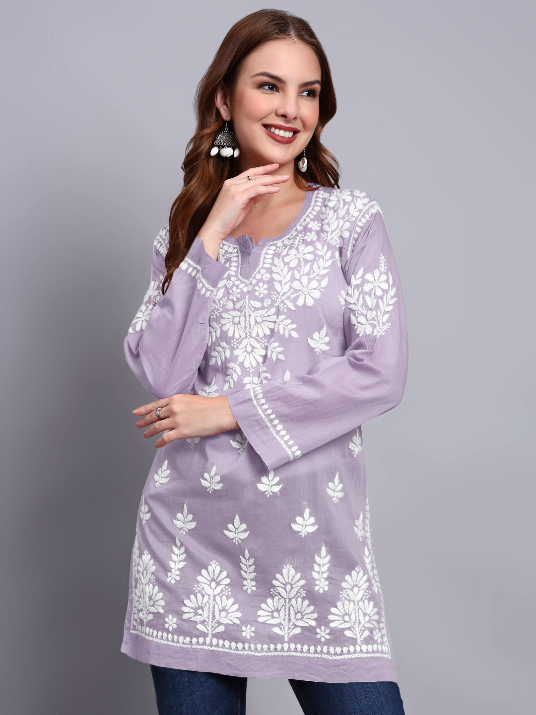 Women Hand Embroidered Chikankari Mulmul Short Top -AL3724 Mauve