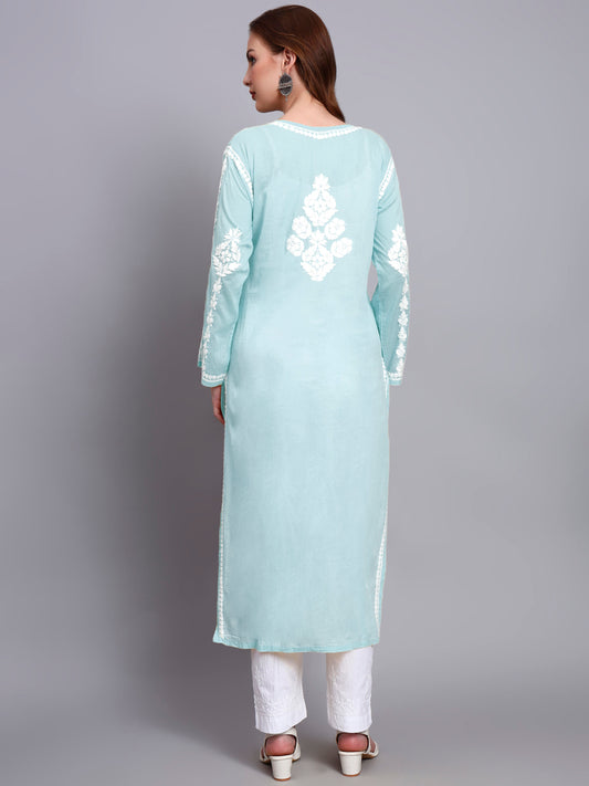 Women Hand Embroidered Chikankari Mulmul Kurti -AL3723 Seagreen