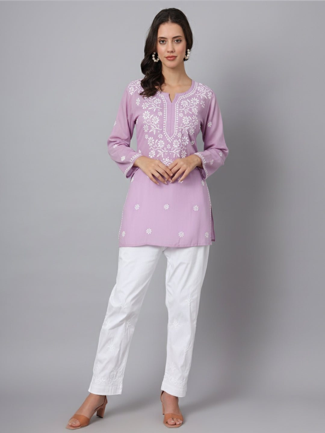 Women Hand Embroidered Modal Chikankari Kurti-AL3611 Lavender