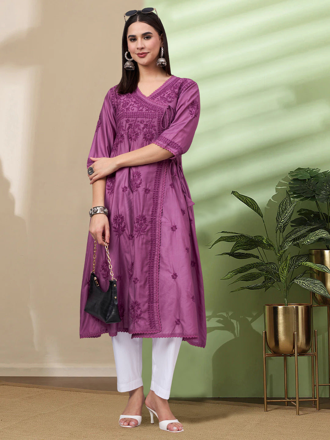 Women chikankari hand Embroidered Chanderi Angrakha kurta-AL3667 Mauve