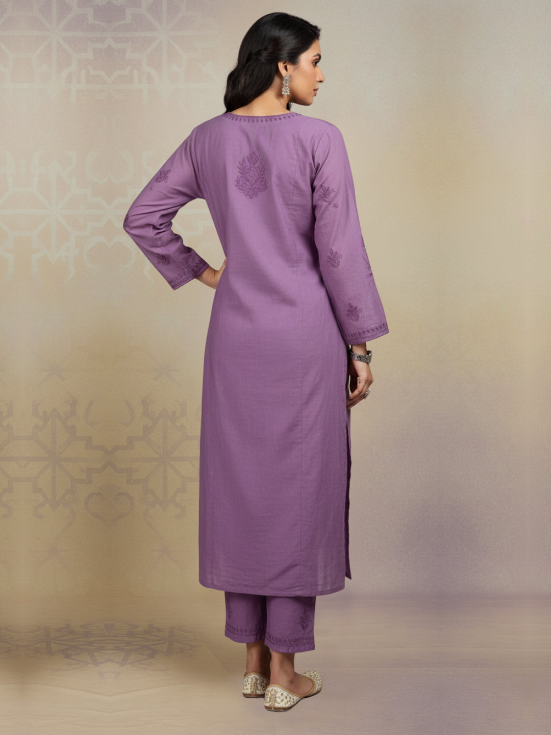 Women Hand Embroidered Chikankari Chanderi Kurta Set-AL4106KS Violet