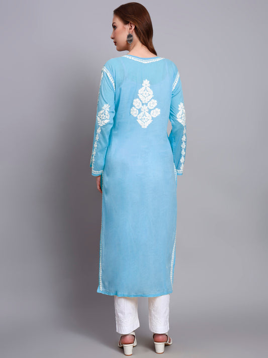 Women Hand Embroidered Chikankari Mulmul Kurti -AL3723 Blue