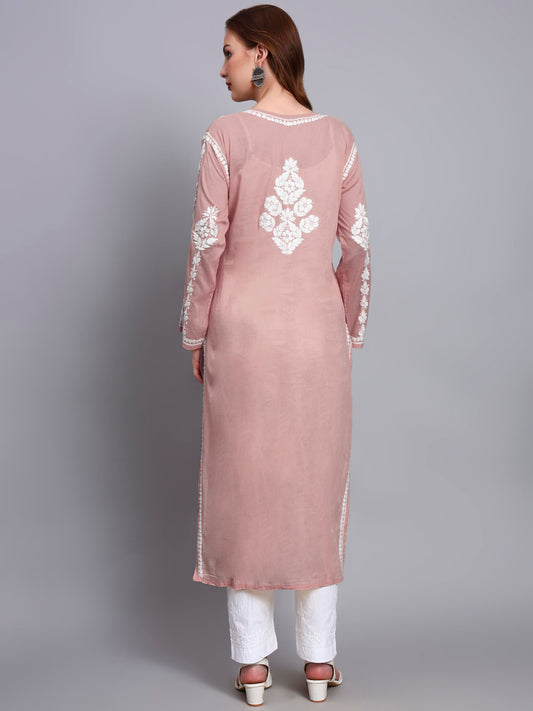 Women Hand Embroidered Chikankari Mulmul Kurti -AL3723 Rust
