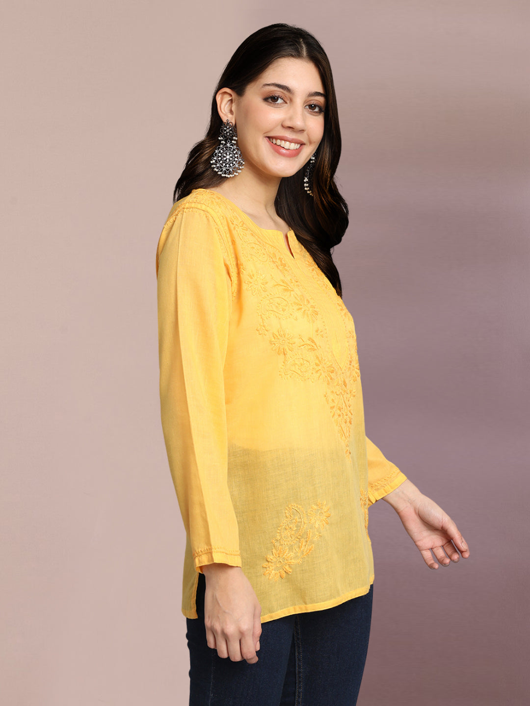 Hand Embroidered Chikankari Cotton Straight Kurti-AL3405 Yellow