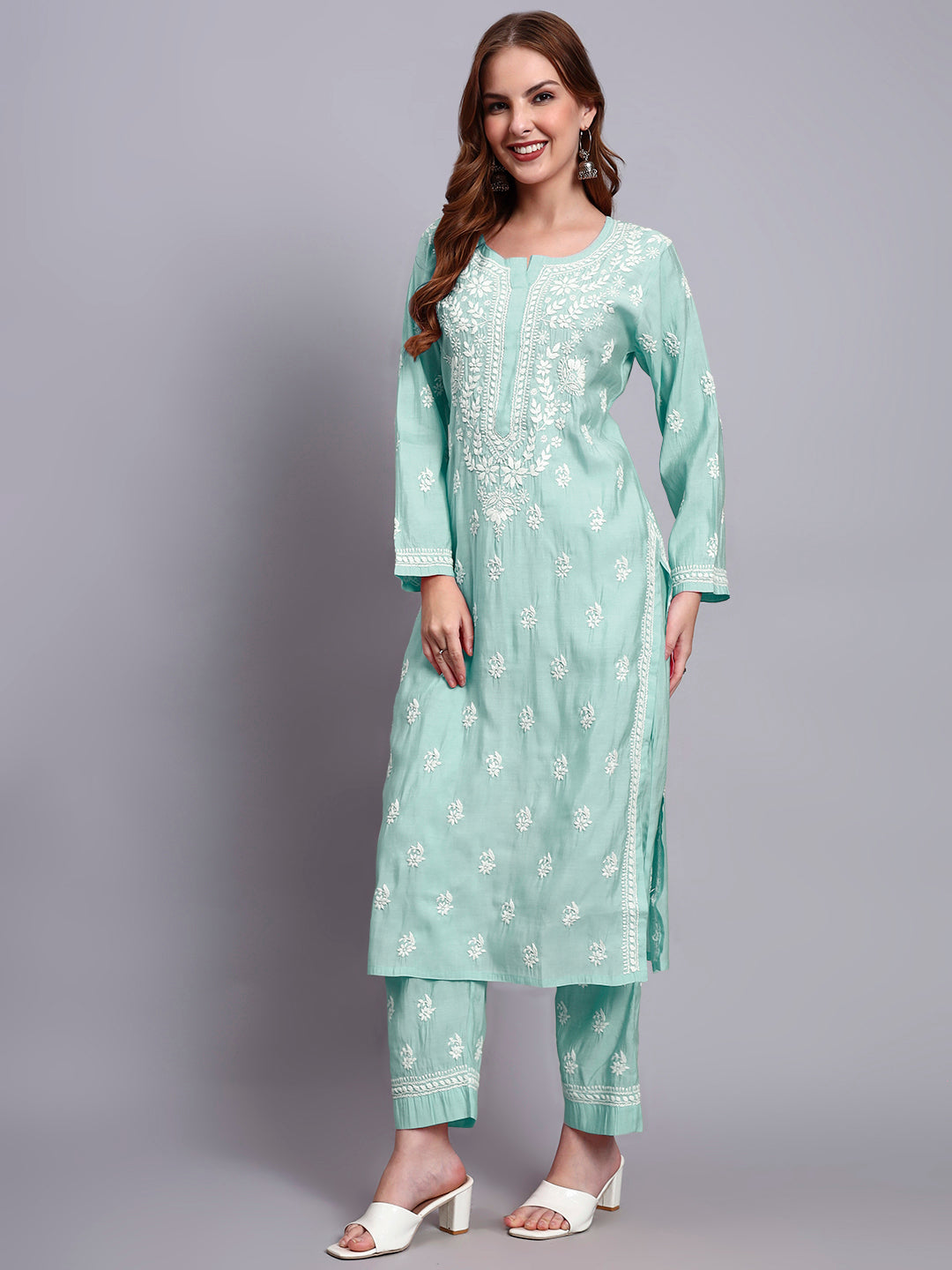 Women Hand Embroidered Chikankari Chanderi Kurta Set-AL4089KS Sea Green