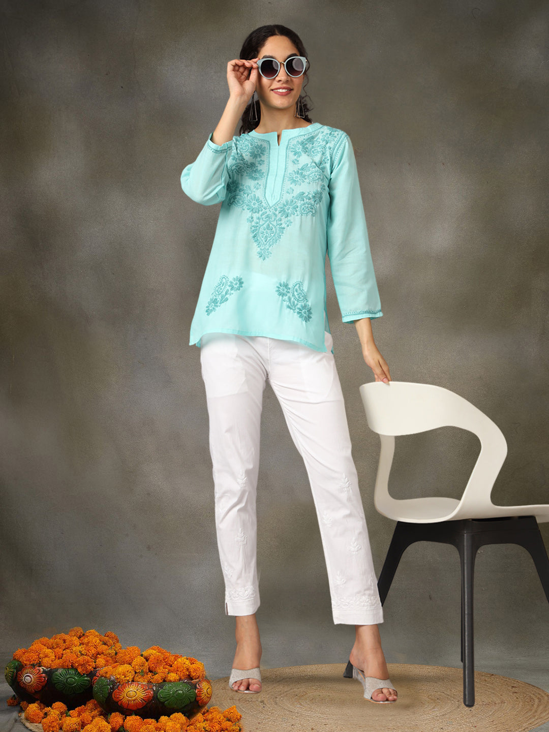 Hand Embroidered Chikankari Cotton Straight Short Kurti-AL3405 Seagreen
