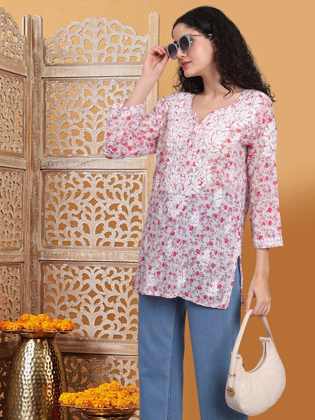 Women Hand Embroidered Chikankari Printed Cotton Kurti-AL4073 Pink