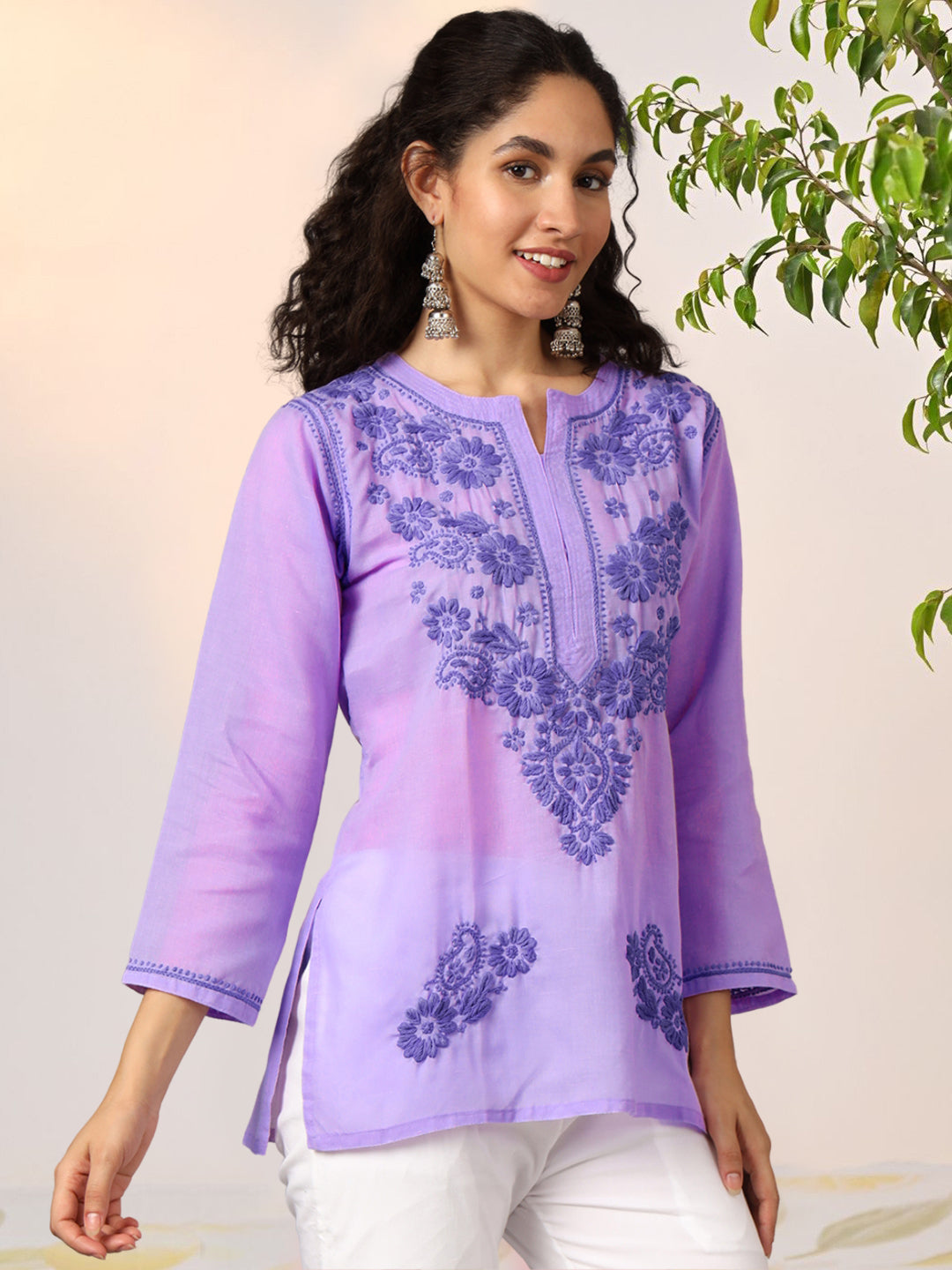 Hand Embroidered Chikankari Cotton Straight Kurti-AL3405 Mauve