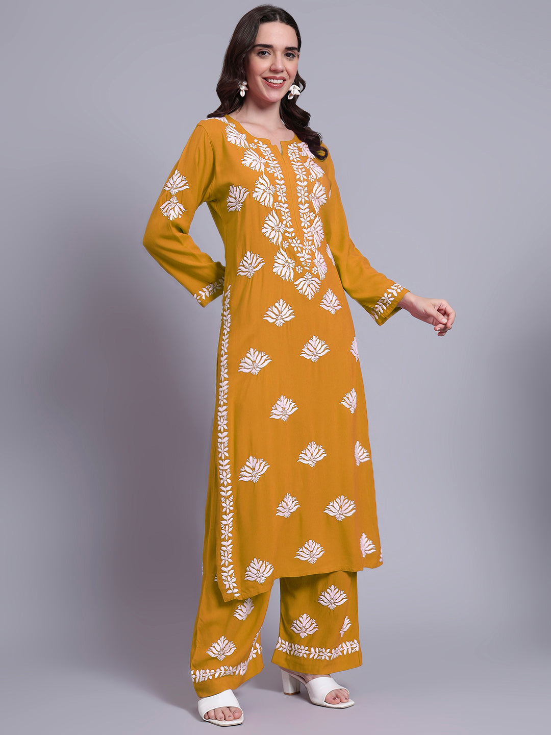 Women Hand Embroidered Chikankari Rayon Kurta Set-AL4084KS Mustard Yellow