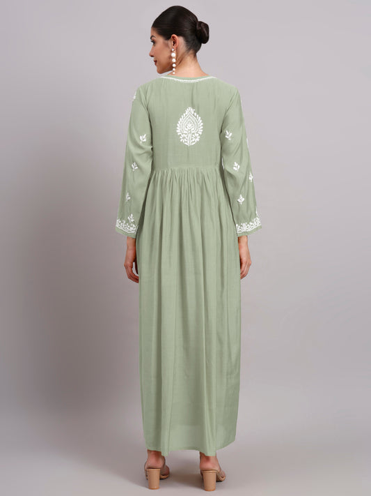 Hand Embroidered Chikankari Chanderi Jalabiya-AL4087 Green
