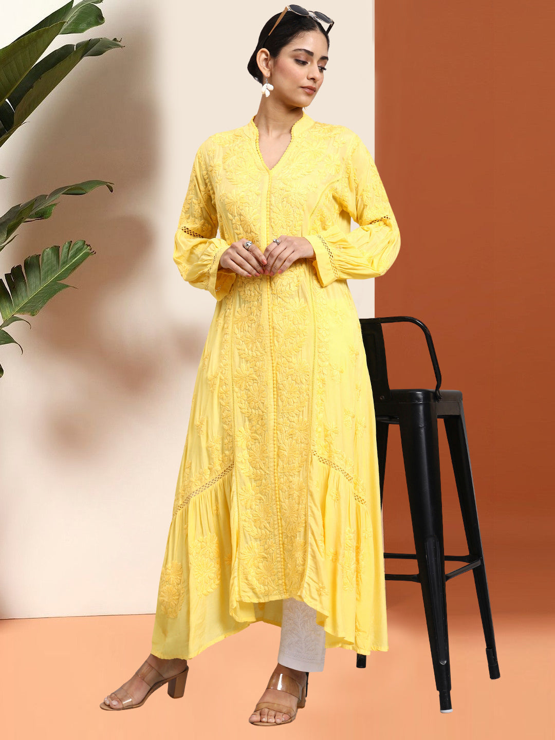 Hand Embroidered Chikankari Muslin Kurta-AL4100 Yellow