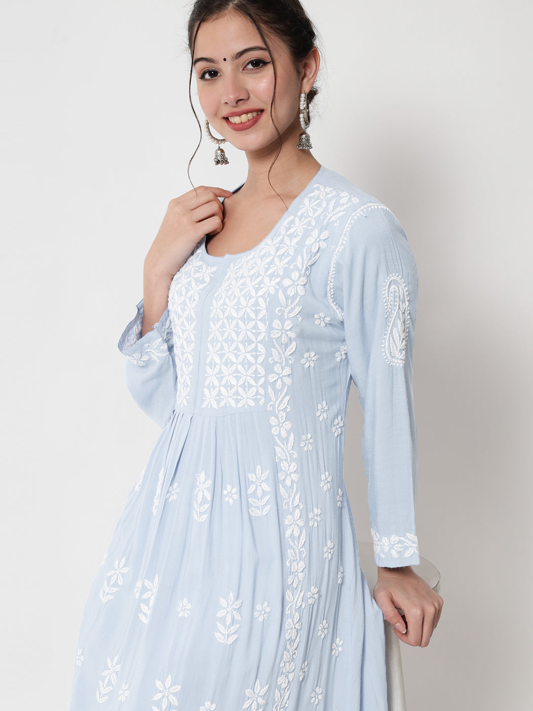 Women Hand Embroidered Chikankari Rayon Kurta-AL3549 Lightskyblue