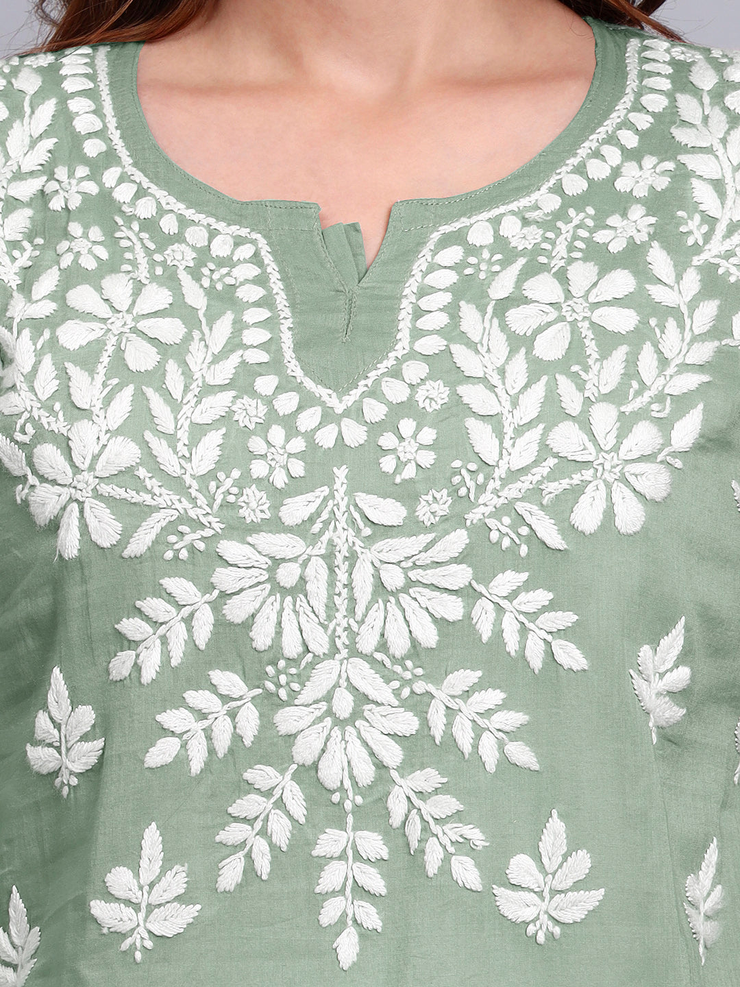 Women Hand Embroidered Chikankari Mulmul Short Top -AL3724 Green