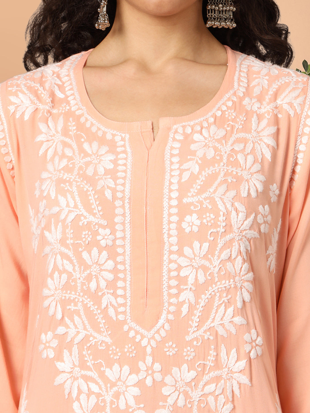 Women Hand Embroidered Chikankari Modal Kurta Set-AL3600KS Peach