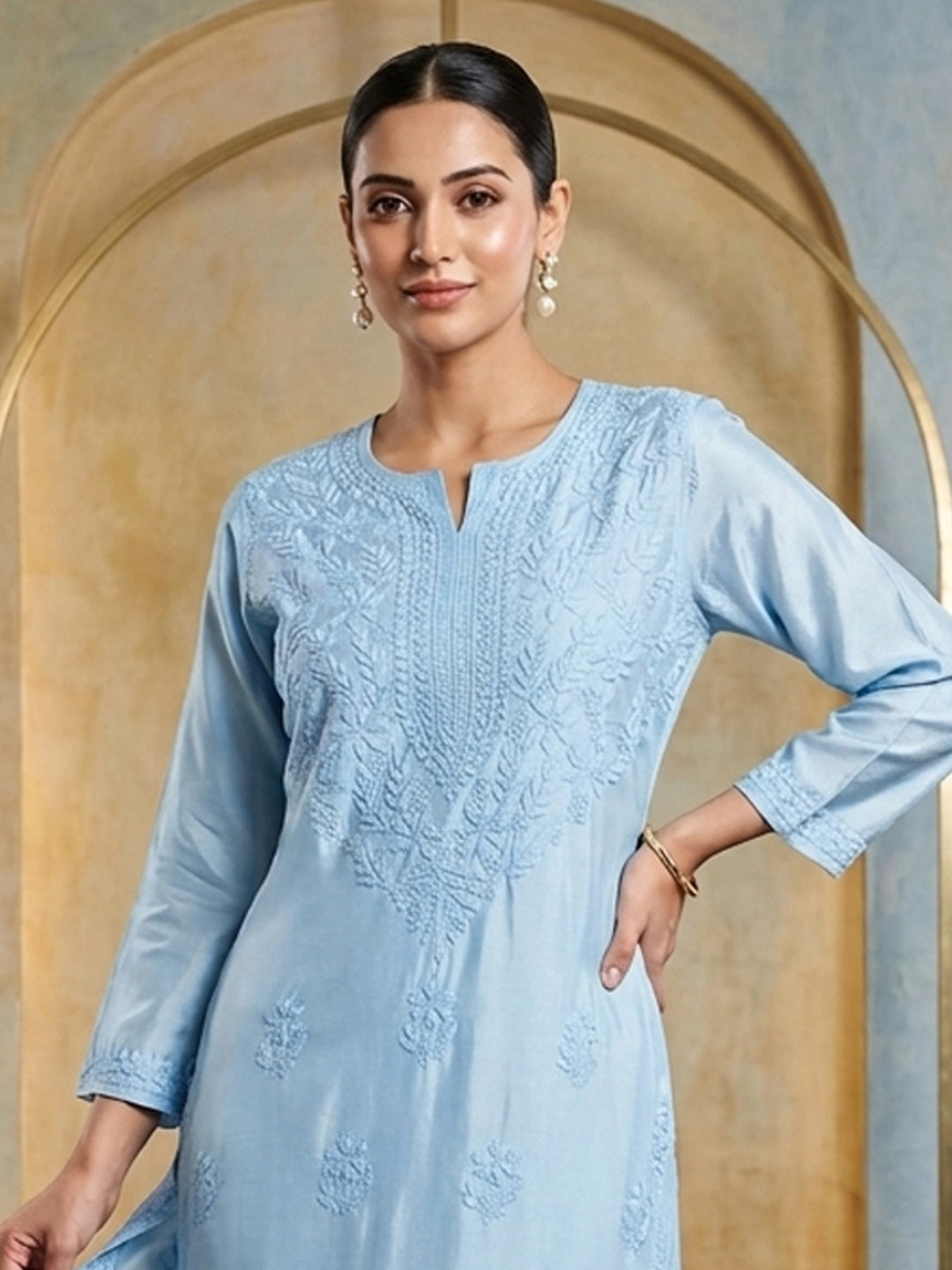 Women Hand Embroidered Chikankari Muslin Kurta Set-AL4118KS Blue