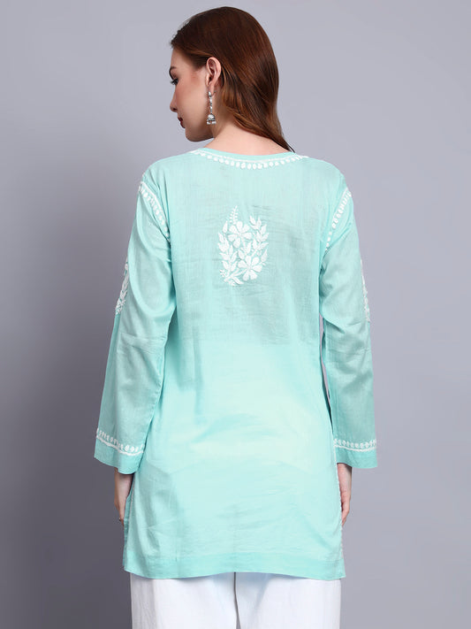 Women Hand Embroidered Chikankari Mulmul Short Top -AL3724 Seagreen