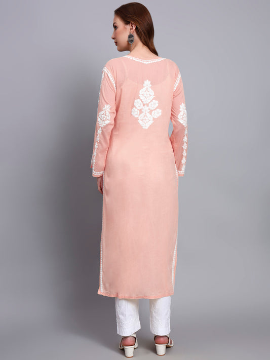 Women Hand Embroidered Chikankari Mulmul Kurti -AL3723 Peach