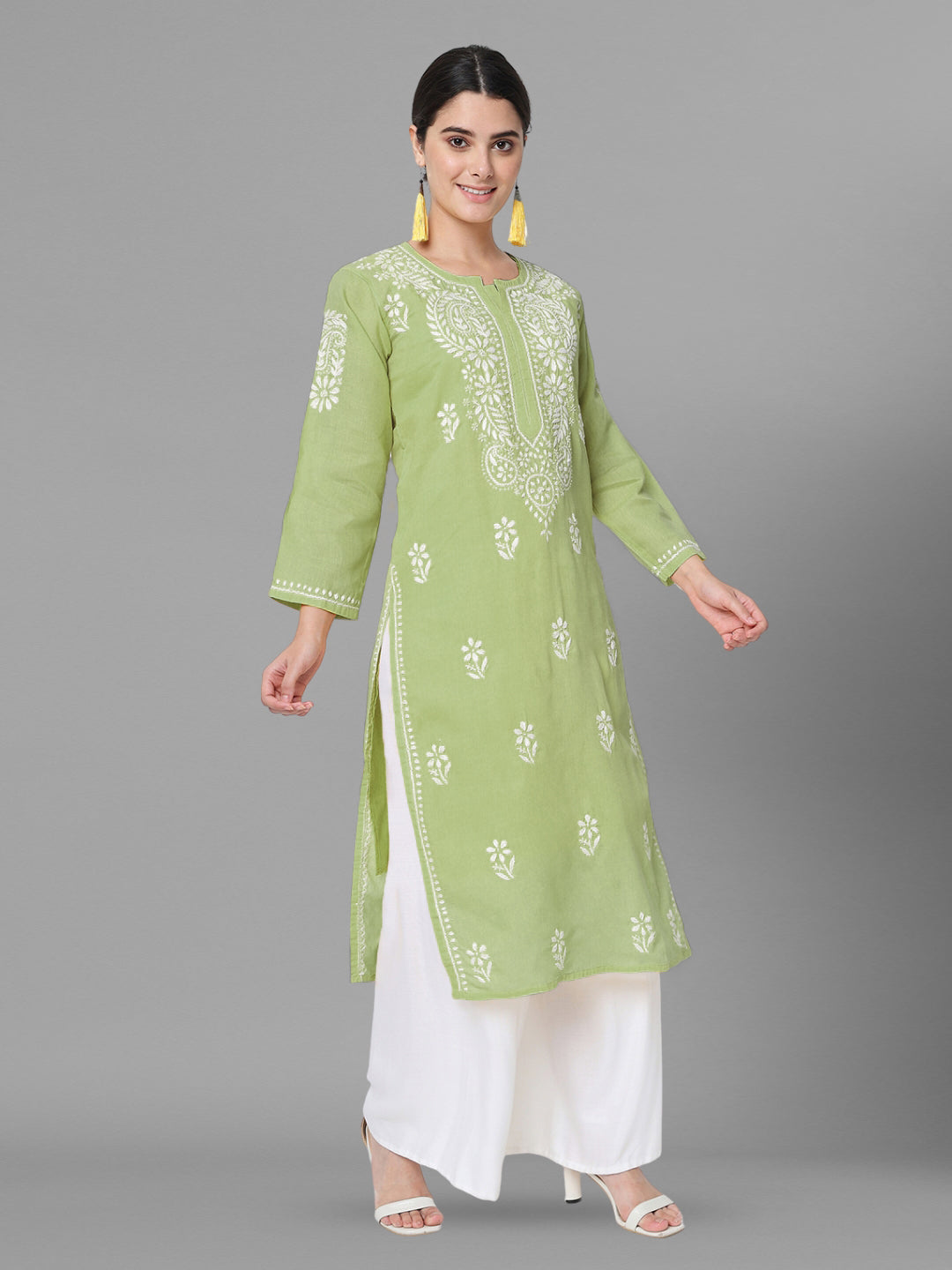 Hand Embroidered Chikankari Cotton Straight Kurta-AL3561 Olive