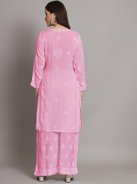 Hand Embroidered Chikankari Modal Kurta with Palazzo- AL3662KS Pink