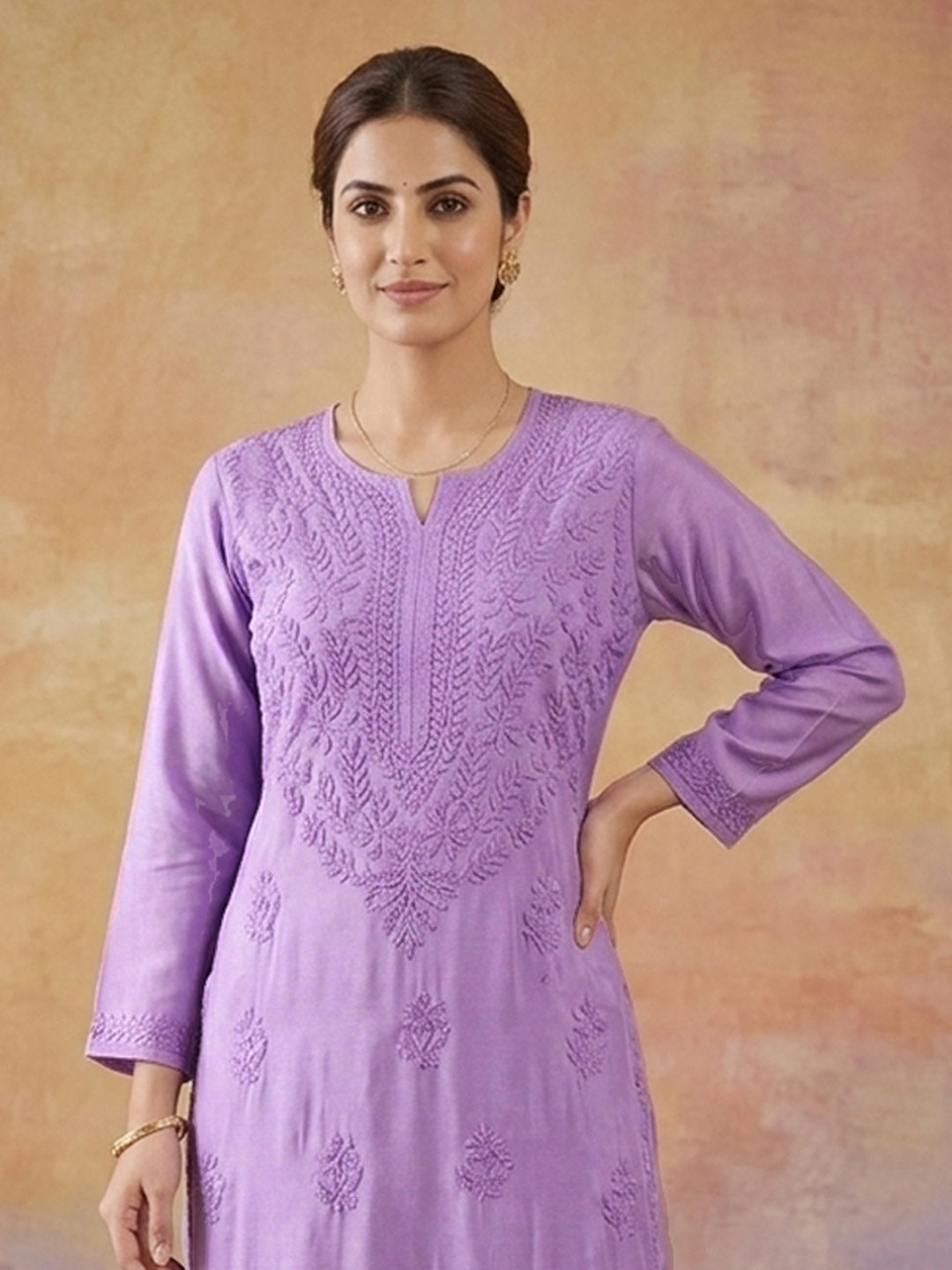 Women Hand Embroidered Chikankari Muslin Kurta Set-AL4118KS Mauve