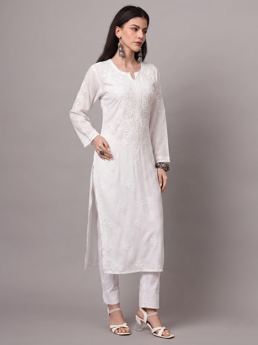Women Hand Embroidered Modal Chikankari Kurta-AL4059 White