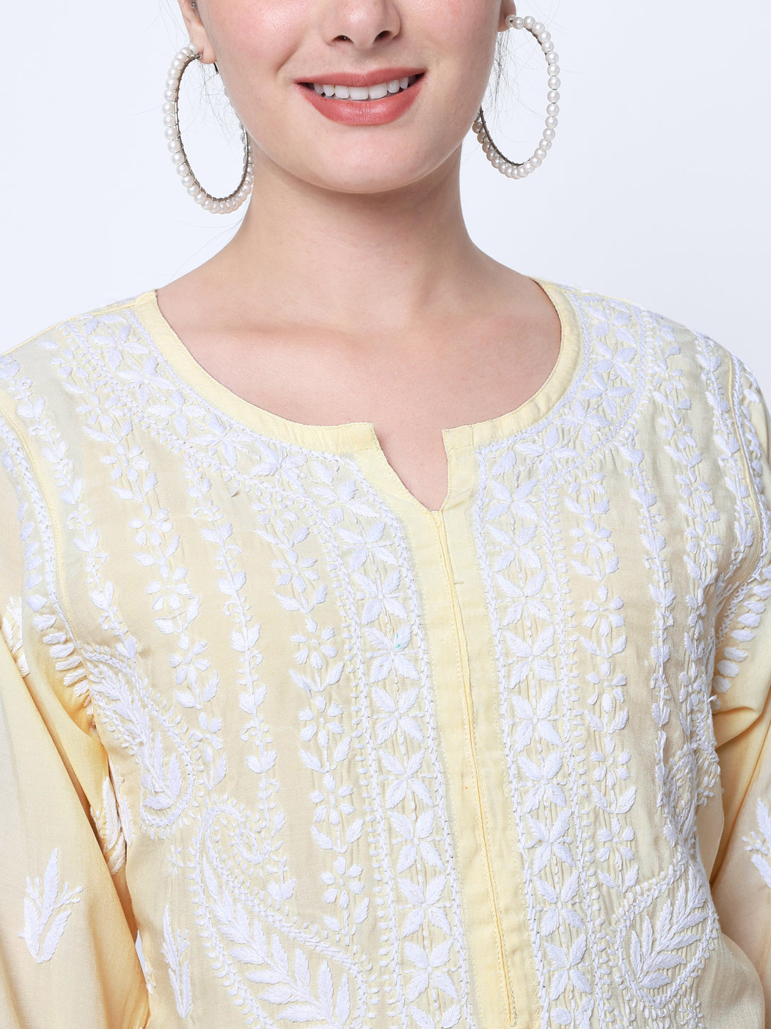 Women Hand Embroidered Chikankari Modal Kurta-AL3584 Yellow