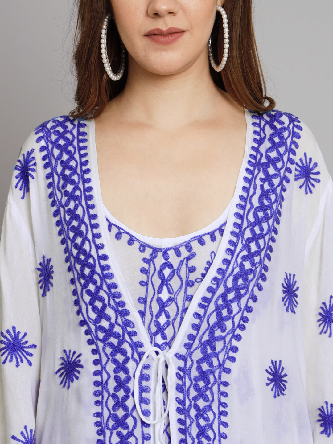 Hand Embroidered Chikankari Modal Kaftan-AL3605B White&Navy