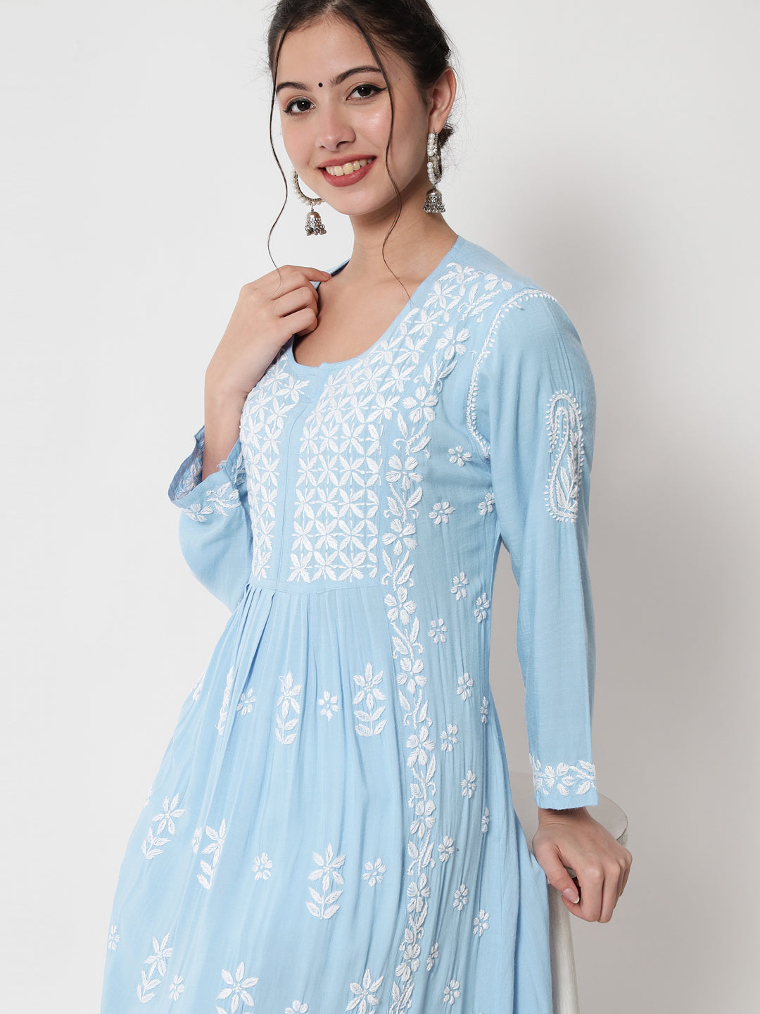 Women Hand Embroidered Chikankari Rayon Kurta-AL3549 Lightskyblue