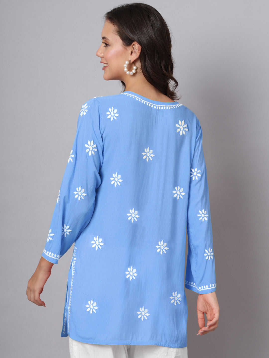Women Hand Embroidered Modal Chikankari Kurti-AL3611 Powder Blue