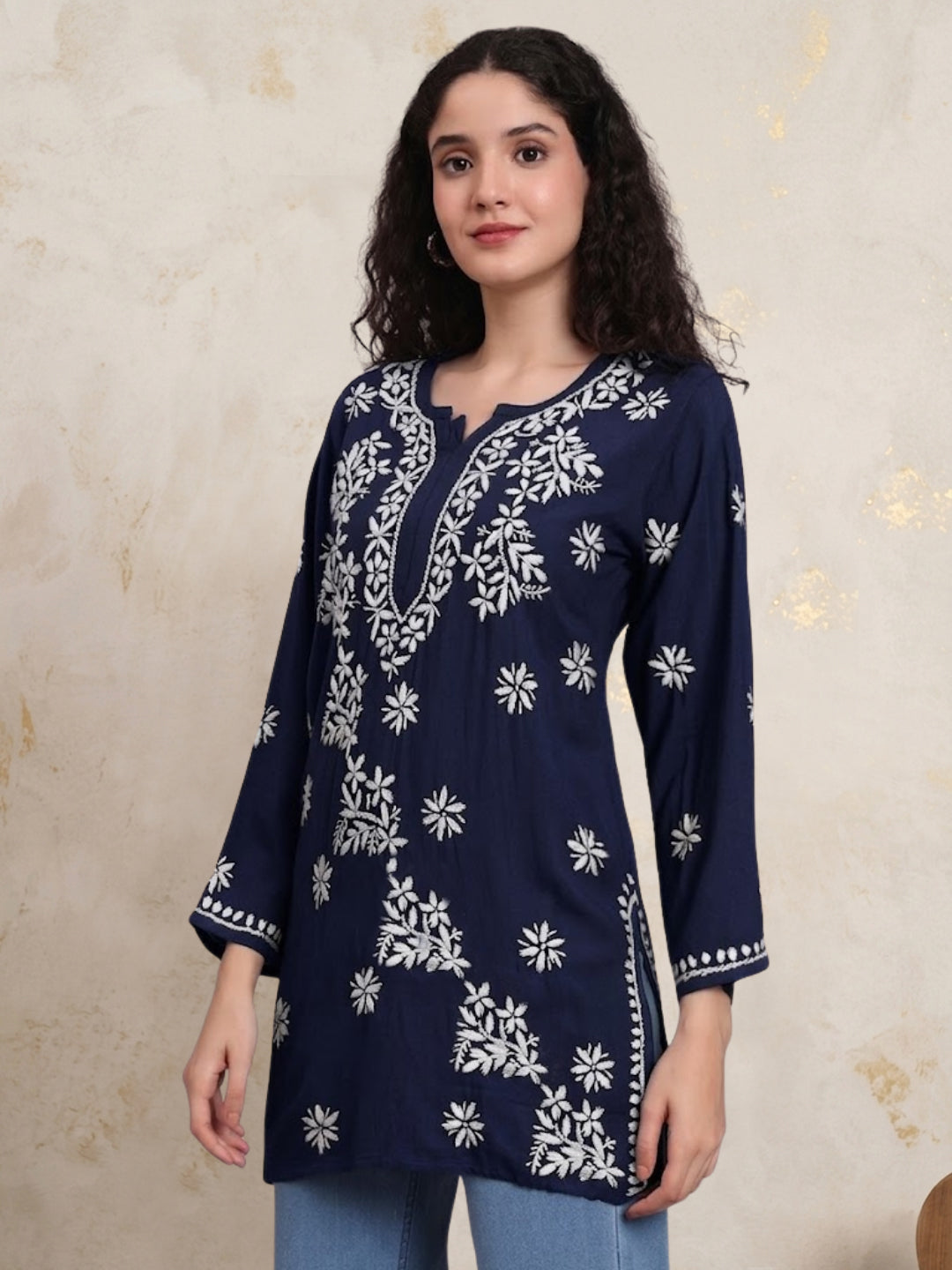 Women Chikankari Hand Embroidered Rayon Kurti -AL4071 Darknavy