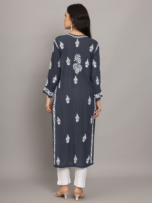 Women Hand Embroidered Chikankari Modal Straight Kurta-AL4042 Grey