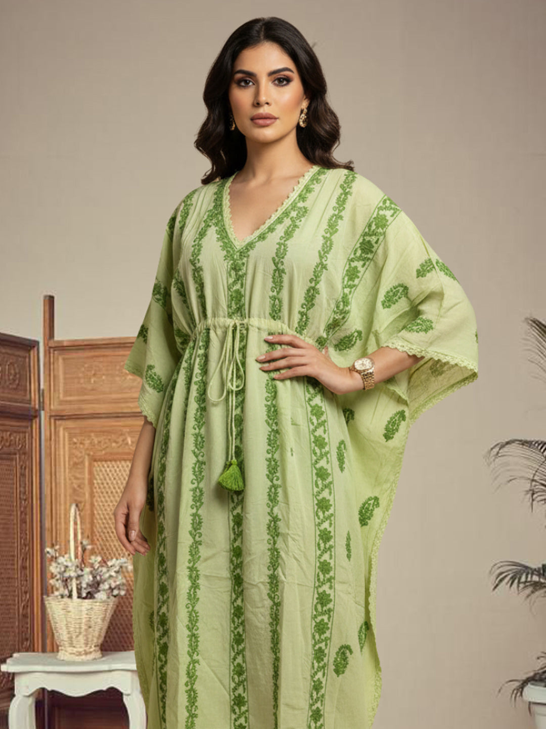 Hand Embroidered Chikankari Rayon Kaftan-AL3474 Parrotgreen